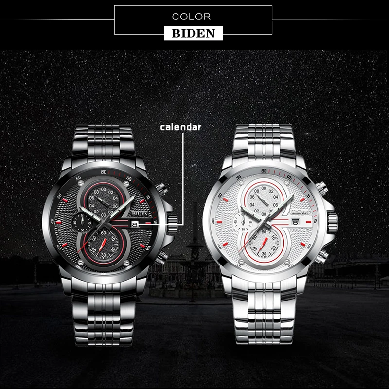  Man Watch BIDEN Top Brand Luxury Steel Strap Business Quartz Watch Military Army Waterproof Sports 
