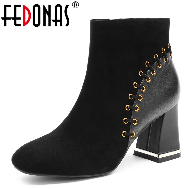 

FEDONAS Brand Women Genuine Leather Ankle Boots Thick High Heels Autumn Winter Warm Snow Boots Round Toe Night Club Shoes Woman