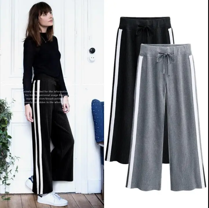 

Ladies Side Stripe Pants Women Bow Tie Ankle Length Side Slit Loose Straight Trousers Grey Black With White Female Casual L 5XL
