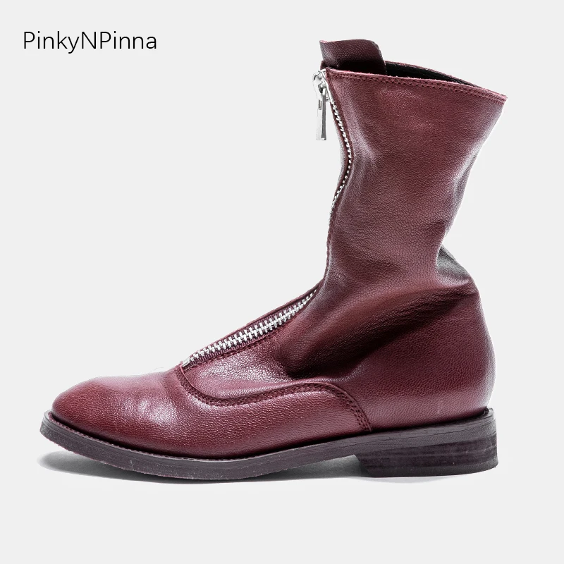

Women runway style mid-calf boots front zipper low heels booties genuine leather soft sheepskin vintage punk winter autumn shoes