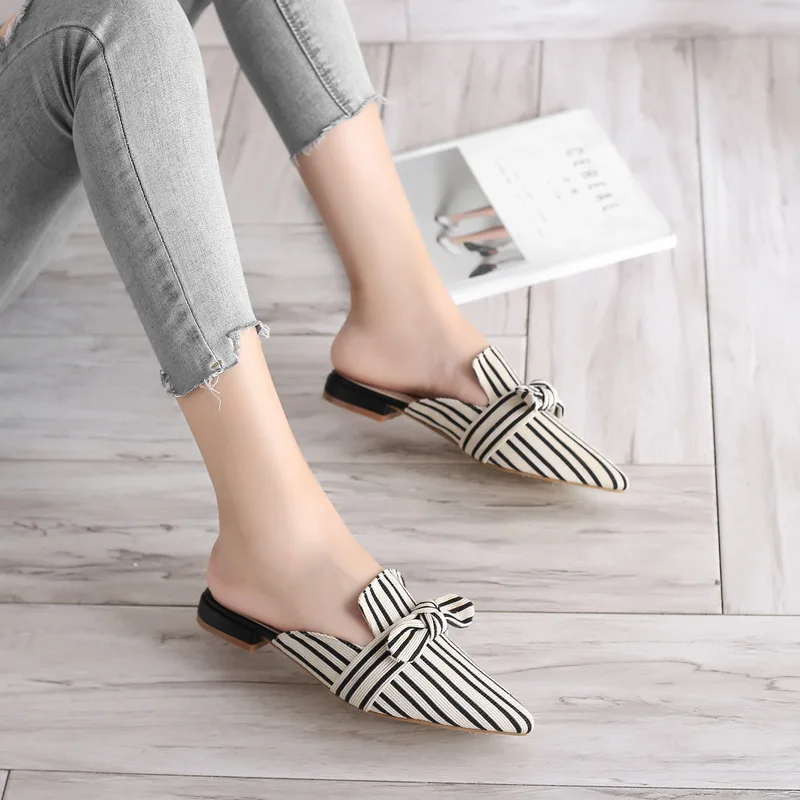 

Women Bowtie Flat shoes Female Mules Fashion Low Heels Shoe Pointed Toe Elegant Woman Outside Ladies Casual Mules Slides