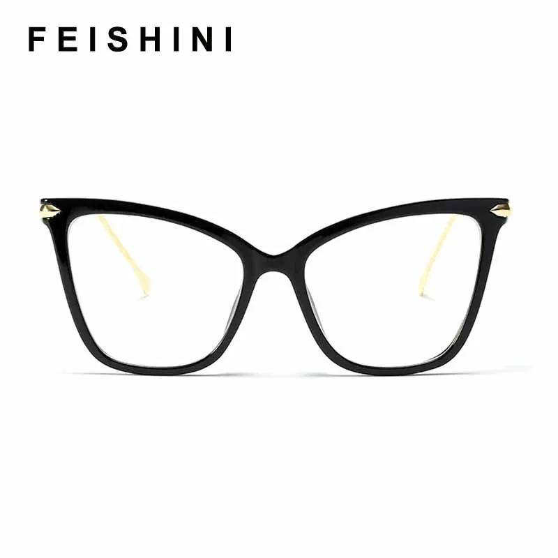 FEISHINI Black frame Cat Eye Glasses Frame Women brand Clear Lens Transparent Eyewear frames Ladies Myopia Nerd eyeglasses frame