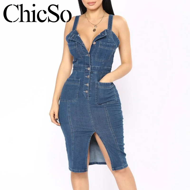 MissyChilli Split denim buttons bodycon jeans dress Women casual sleeveless backless sundress Summer slim holiday beach dress