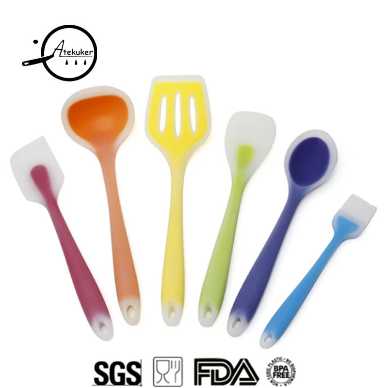  Atekuker 6Pcs Multicolor Silicone Kitchenware Ladle Spoon Scraper Spatulas Oil Brush Cooking Utensi