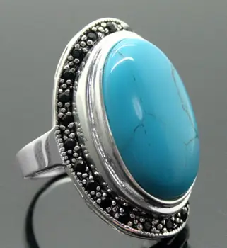 

17X30mm Blue Turquoise Oval Gems 925 Sterling r Marcasite Ring A1012