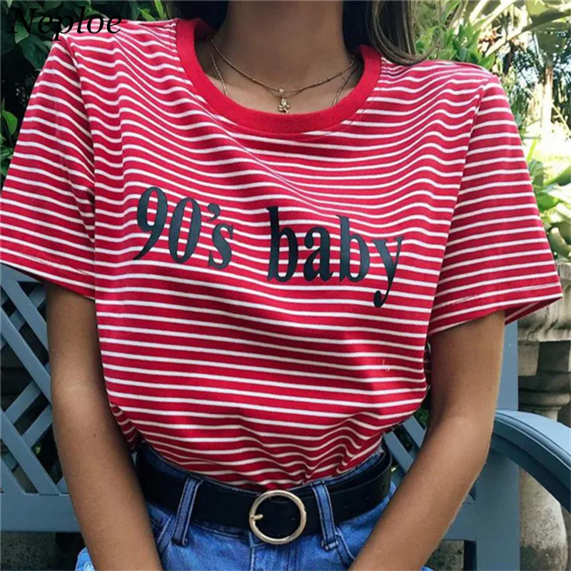 Neploe 2020 Casual Streetwear Boyfriend T Shirt Retro Red White