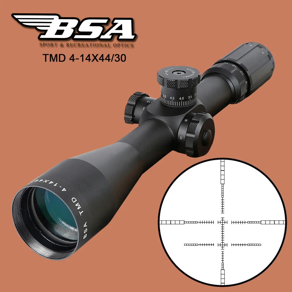 

BSA TMD 4-14X44 FFP Hunting Riflescope First Focal Plane Glass Mil Dot Reticle Tactical Optics Sight with Windage Elevation Lock