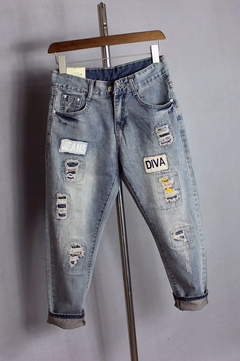 

2017 jeans women loose patchwork mid waist denim vintage ripped jeans feminino ankle length beggar cotton cuffs hole harem pants