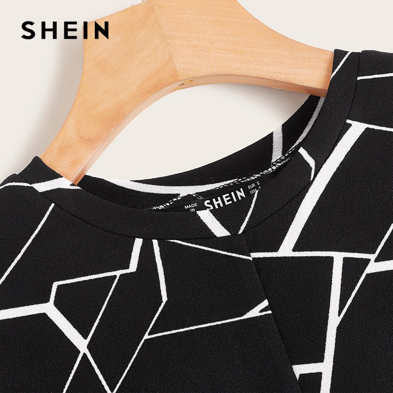 SHEIN твист низ крест-накрест с геометрическим принтом, женский летний топ, Повседневная приталенная блузка с коротким рукавом женская футболка с коротким рукавом топы и блузки