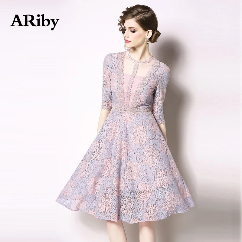 Lace Women Dress 2019 Spring/Summer New Lady High-end Elegant Temperament Slimming Five-sleeved O-Neck Hollow-out A-Line Dress
