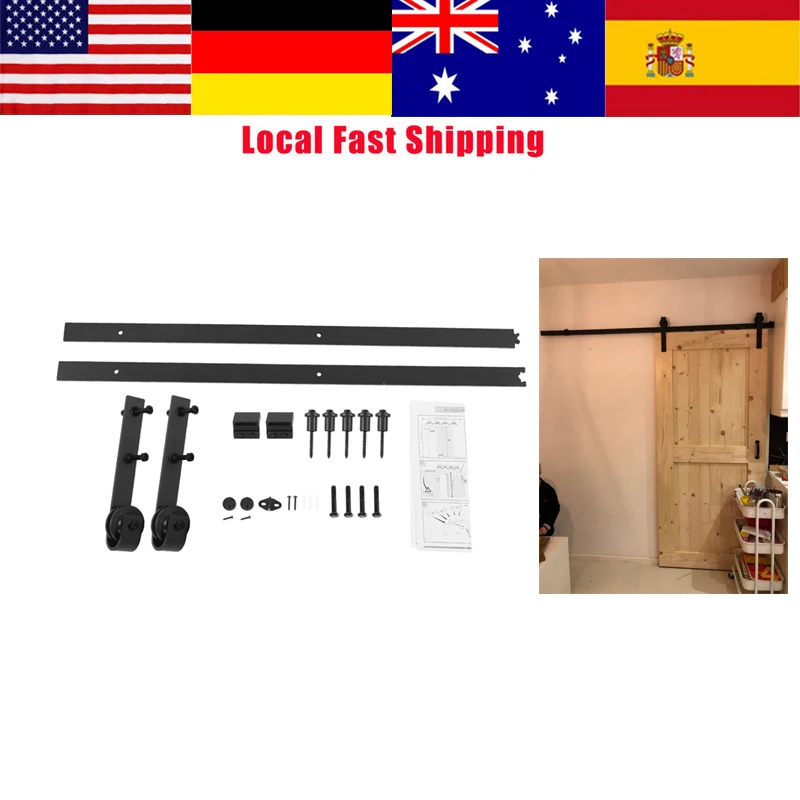 2 M pesados accesorios de puerta corrediza de Granero Hardware de la puerta de madera de acero de carril de deslizamiento de pista negro Kit de Hardware de la puerta accesorios - 1
