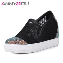 ANNYMOLI Women Shoes Bling Platform Wedges Increased Heels Slip On Med Heel Shoes Cut Out Large