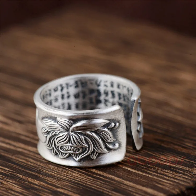  12 mm Vintage 990 Sterling Silver Buddha Hand Lotus Flower Ring Engraved Heart Sutra Inside for Lov