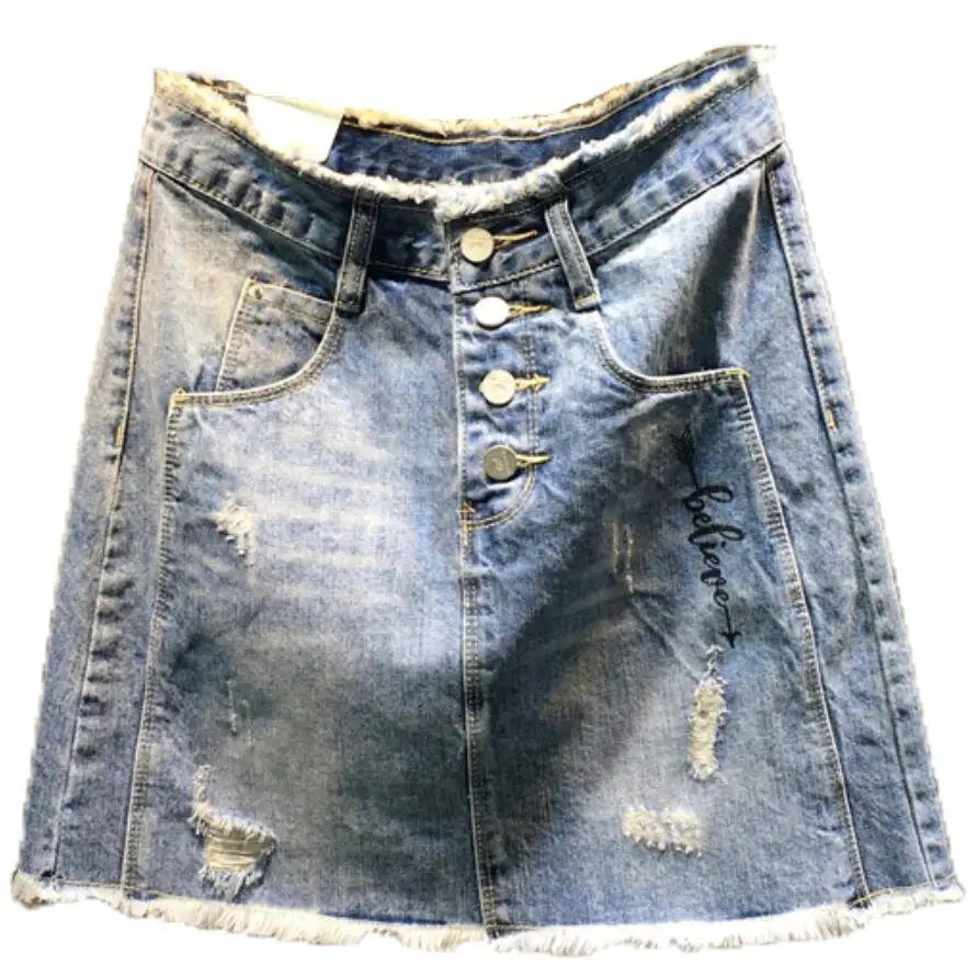 

2019 summer new fashion hole letter single breasted printed high waist package hip denim skirt a-line jeans skirt plus size 2XL