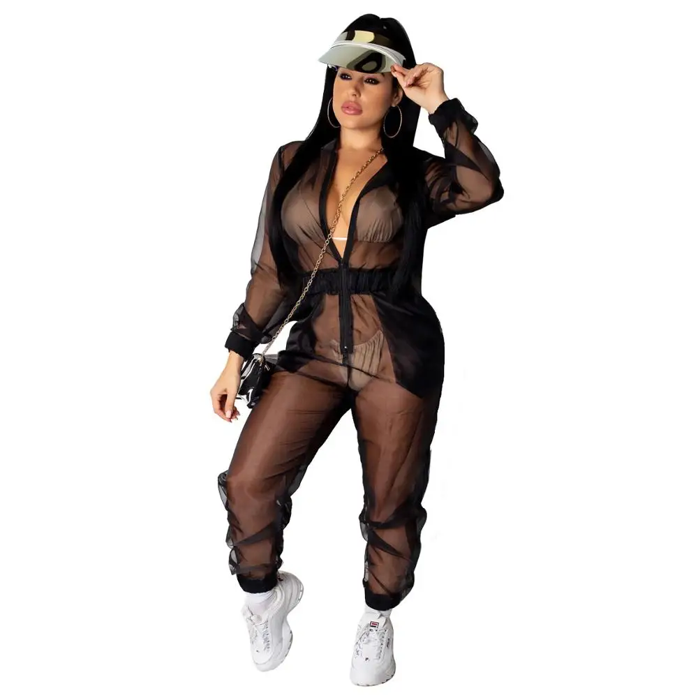 

Fashion sexy long-sleeved perspective zipper casual even hat loose no belt thin section jumpsuit