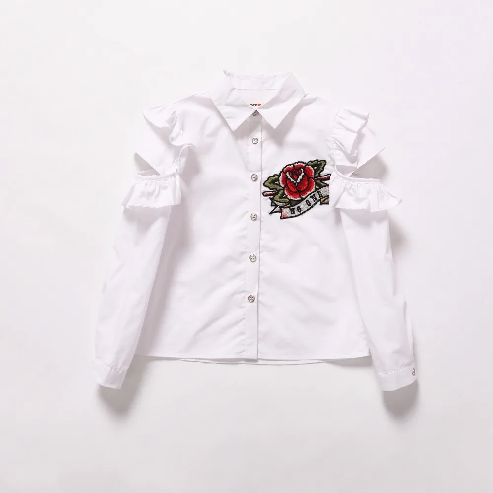 Весенне-осенние блузки г., топы с красной розой для маленьких девочек, хлопковая рубашка белые модные топы с длинными рукавами для девочек-подростков 2, 4, 6, 8, 10 лет