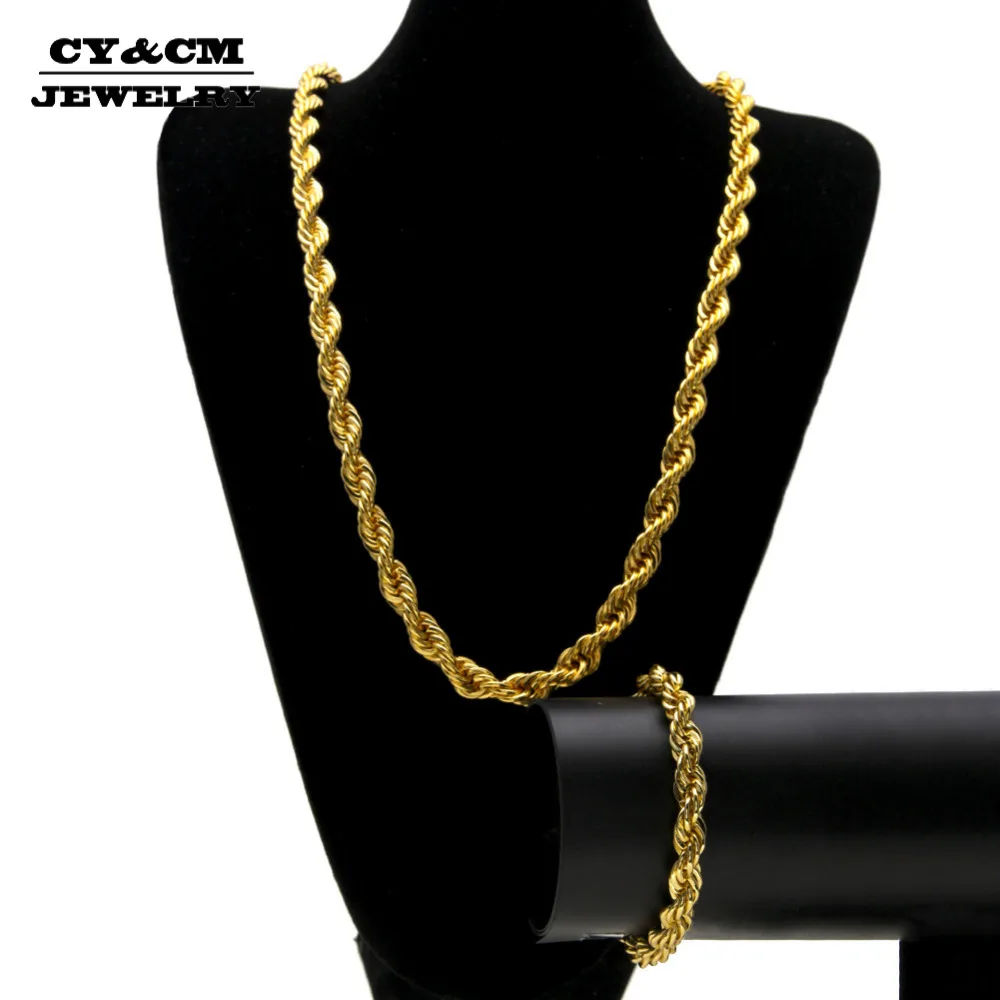 

CY&CM Men Women Gold Silver Plated 10mm Rope Chain Hip Hop Punk Bling Bling Iced out Long Necklace 30" Bracelet 8" Jewelry Set