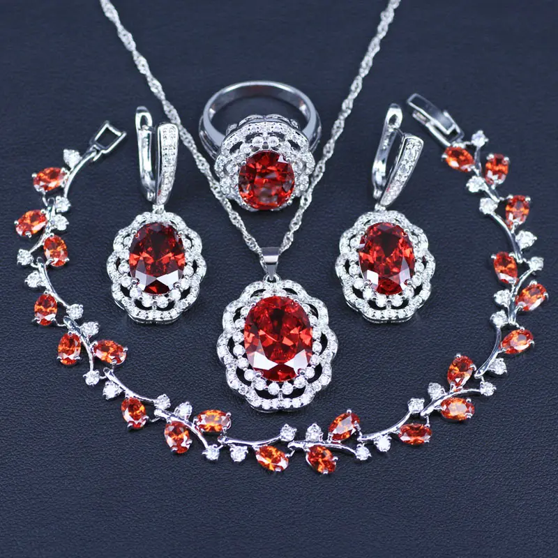 

925 Sterling Silver Jewelry Red Cubic Zirconia Jewelry Sets For Women Earrings/Pendant/Necklace/Rings/Bracelet