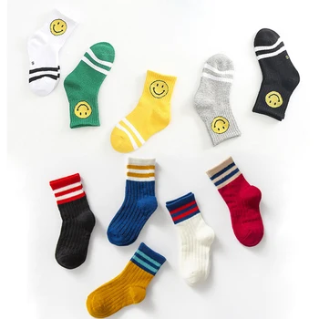

DAIVSXICAI 5 Pairs/lot Kids Socks Funny Smiley Face Two Bars Of Pure Color Stripes Unisex Cotton Socks High Quality For 3-12Year