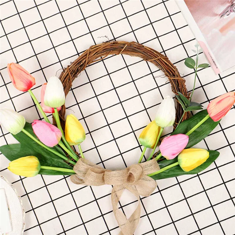 

Artificial Tulip Rattan Wreath Fake Flower Linen Home Door Window Wall Hanging Pendant Garland for Party Event Supply Wreath