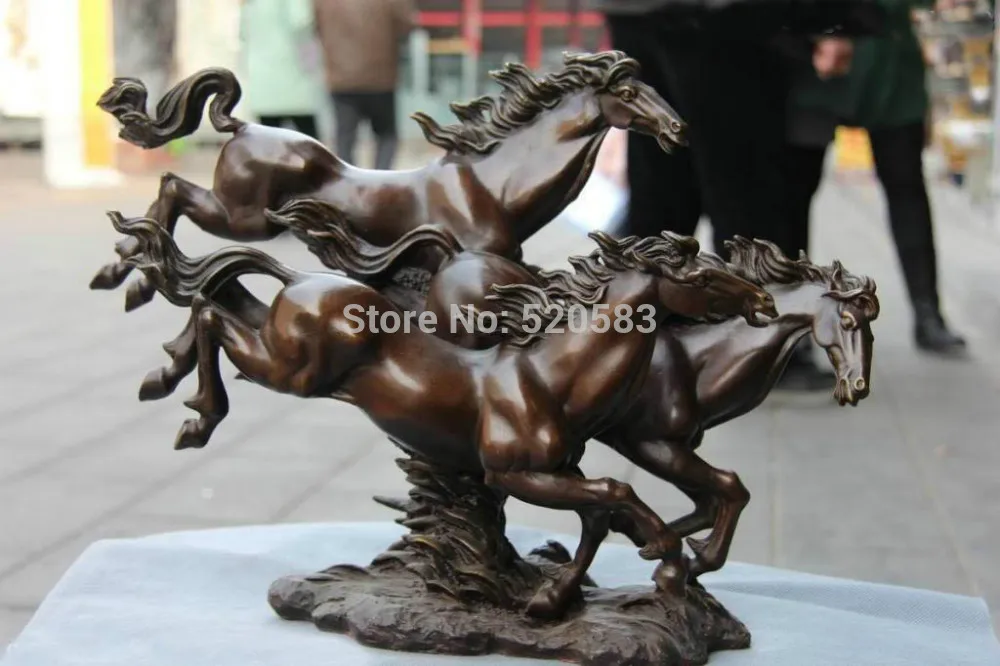 

China Pure Copper Bronze Feng Shui auspicious Gallop Run Three Horses Art Statue