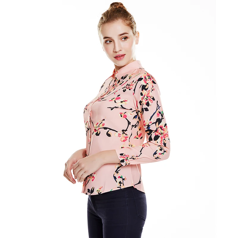 

NXH Pink peach flower print women long sleeve chiffon shirt spring autumn blouse slim