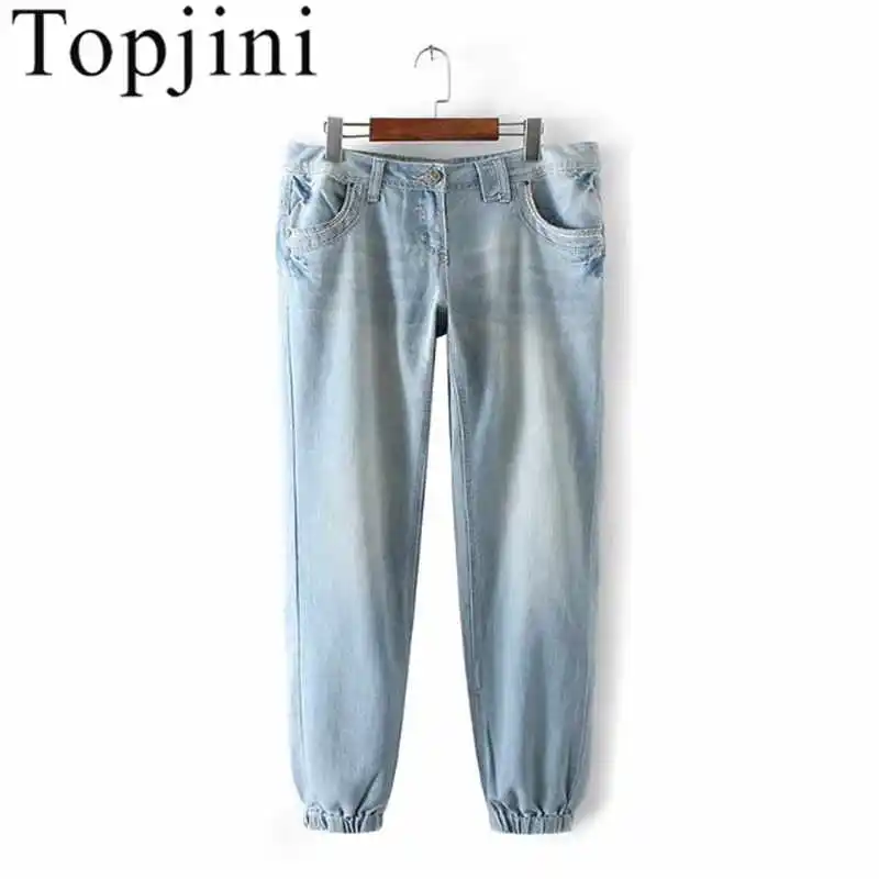 

Topjini Casual 2017 Spring Women Ankle-length Pants Light Wash Loose Softener Polyester Four Pockets Plus Size Women's Jeans