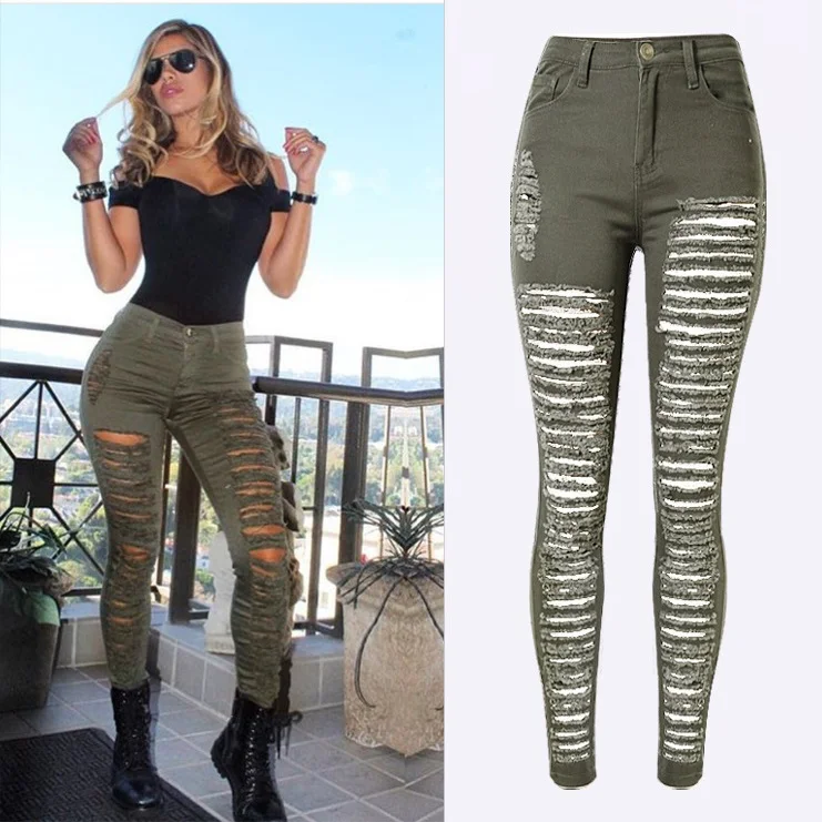 Buy Fashion Army Green Black White Sexy Ripped Jeans