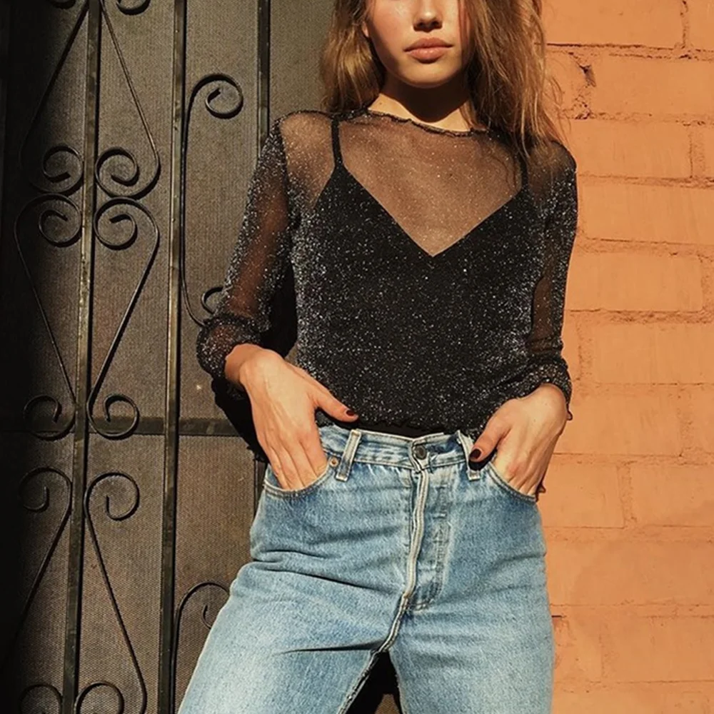 

Women T Shirt Long Sleeve Mesh Shiny Top Tee Spring Shirts O-neck White Black Short Tops Transparent Casual Party Shirt Women