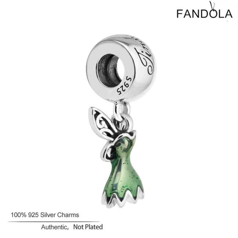 

100% 925 Sterling Silver Green Enamel Tinker Bell's Dress Dangle Beads Fits Original Charms Bracelet Agrent DIY Jewelry Making