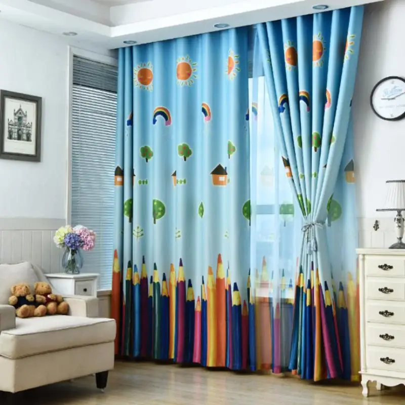 

2styles Child Pencil Curtains Cartoon Printed Sheer Voile Curtains Window Screen Kid Room Bedroom Curtains Tulle Drape curtains