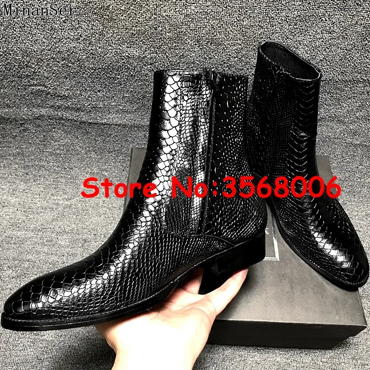 

Snake Skin Leather Pointy Toe Zipper High Top Men Chelsea Boots Shoes Rome Style Casual Spring Autumn Man Ankle Boots Shoes