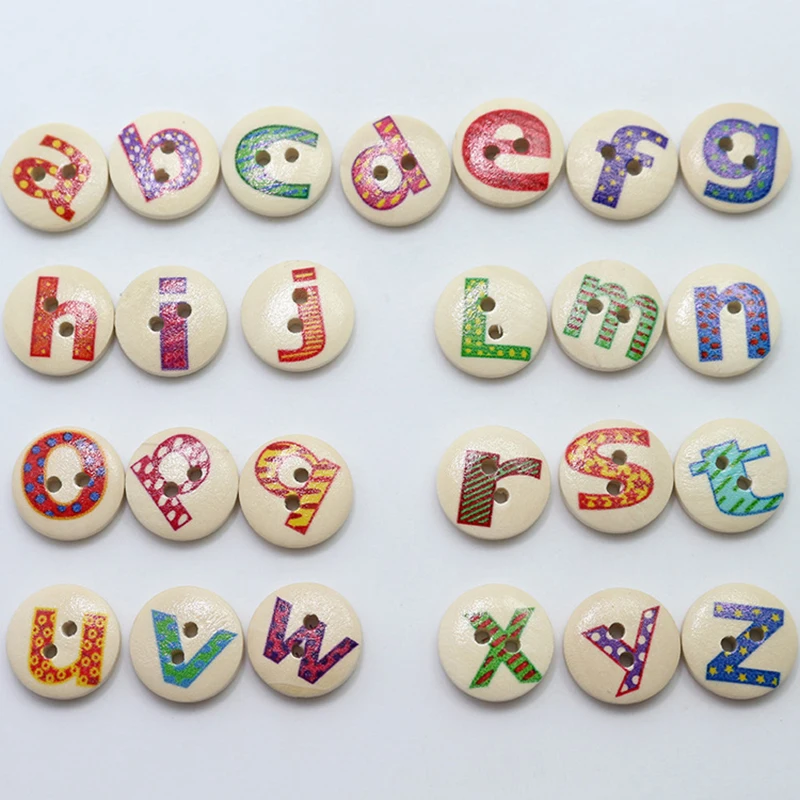 100pcs 2 Holes English Alphabet Cartoon Button Wooden Buttons for Clothing Sewing Craft Decorative Accessories