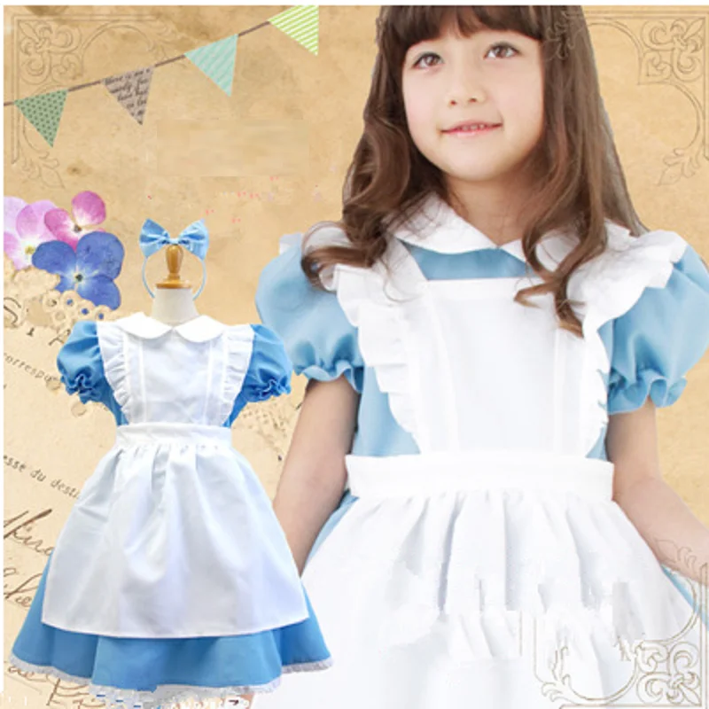 

2019 New Halloween Kids Girls Anime Alice In Wonderland Blue Party Dress Alice Dream Child Sissy Maid Lolita Cosplay Costume