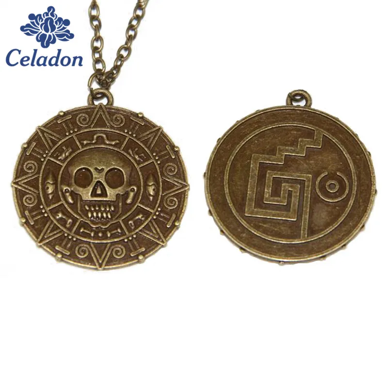 

Wholesale 1pcs Pirates Of The Caribbean Necklace Jack Sparrow Aztec Coin Medallion Vintage Gold Bronze Silver Pendant