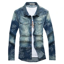 Мужская джинсовая рубашка с цветочным принтом, фирменный дизайн, весна, длинный рукав, плюс размер, 5XL, повседневная, Camisetas Masculinas, хлопковая классическая мужская рубашка, F2013