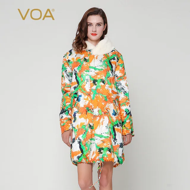 Cheap VOA white mink collar caps bright casual jacquard silk parka 100% silk parkas M2262