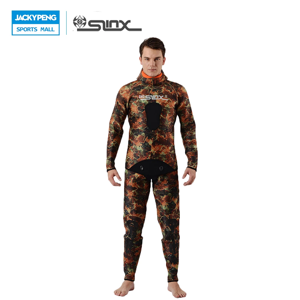 

SLINX 2018 Diving Equipment 5mm Neoprene Men Camouflage Spearfishing Swimwear Wetsuit Hooded Two Pieces Scuba Diving Suit