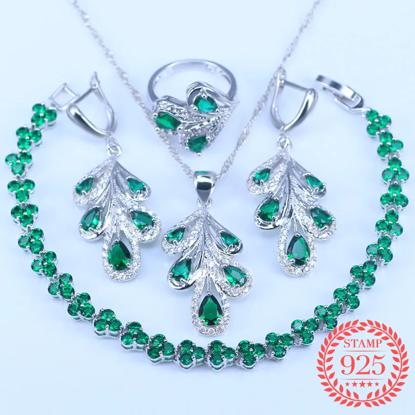 

Women Four Piece Blue Green Cubic Zirconia Fashion 925 Silver Jewelry Sets Angelic Necklace Ring Earring Bracelet Free Box