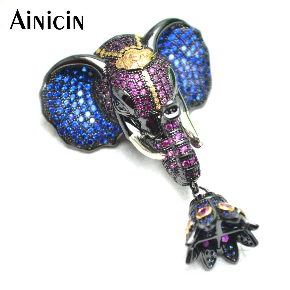 

1pc Gun Black Plated Copper Elephant Head Connector Navy Blue and Rose Red CZ Setting Pendant Tassel Jewelry Making Materials