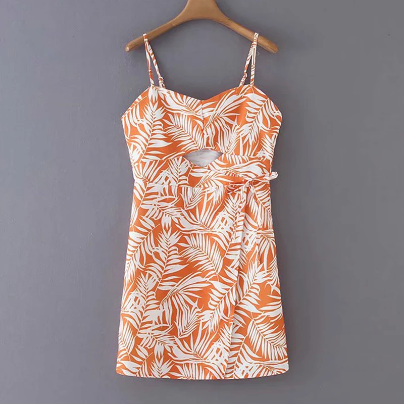 Women's Clothing Dress 2019 Leaf Printed Hole Chest Sling V-Neck Dress Ms Summer Street Sexy Slim Fit Temperament Clothing