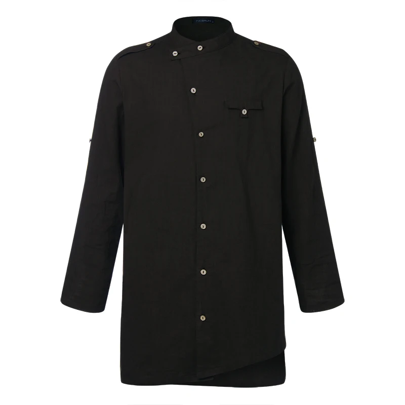 Уличная одежда для курты, индийская одежда, мужская одежда, рубашка с длинным рукавом на пуговицах, свободная Арабская Исламская одежда, сорочка - Цвет: Black