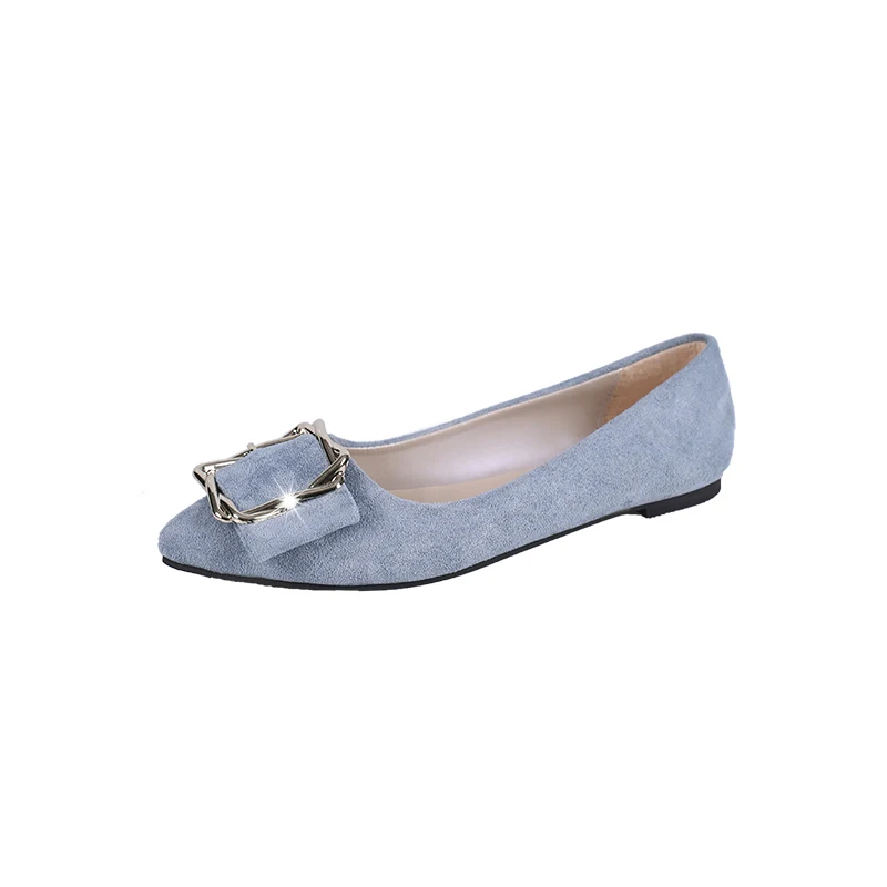 

New Arrival Flats Shoes Women Slip on Work Ballet Flats Pointed toe Soft bottom Round metal buckle Suede Driving Boat Shoes 40