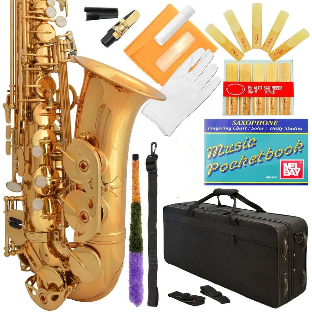 

Professional Black-Gold Keys Eb E Flat Alto Saxophone Sax, 11 Reeds, Case & Many Extras - 24 COLORS Available - 360-BK