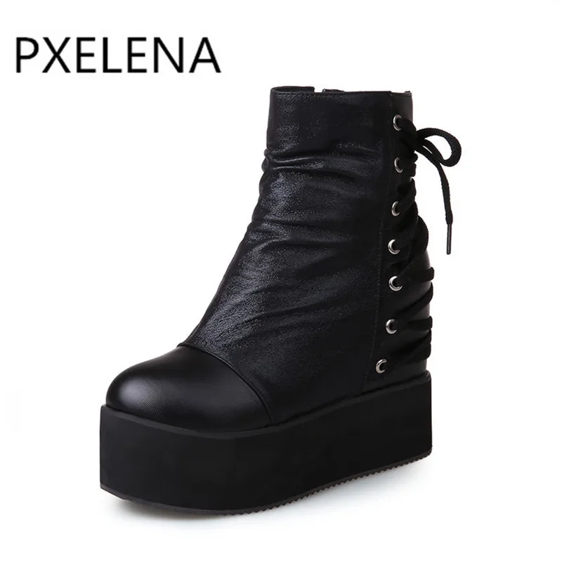 

PXELENA Punk Vintage New Womens Boots Comfort Wedge High Heels Boots Shoes Platform Creepers Gothic Ankle Boots Plus Size S-48