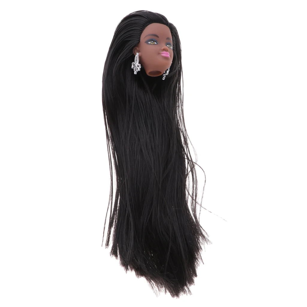 Doll Head with Wig Black Skin Make up Face Model DIY Cosplay For 1/6 Doll Accessories for Girls, Long Straight Hair