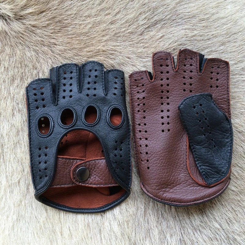 New Arrival Luxury Men Semi-Finger Genuine Leather Gloves Men's Driving Unlined Half Fingerless Goatskin Gloves For Male Mitten best mens ski gloves