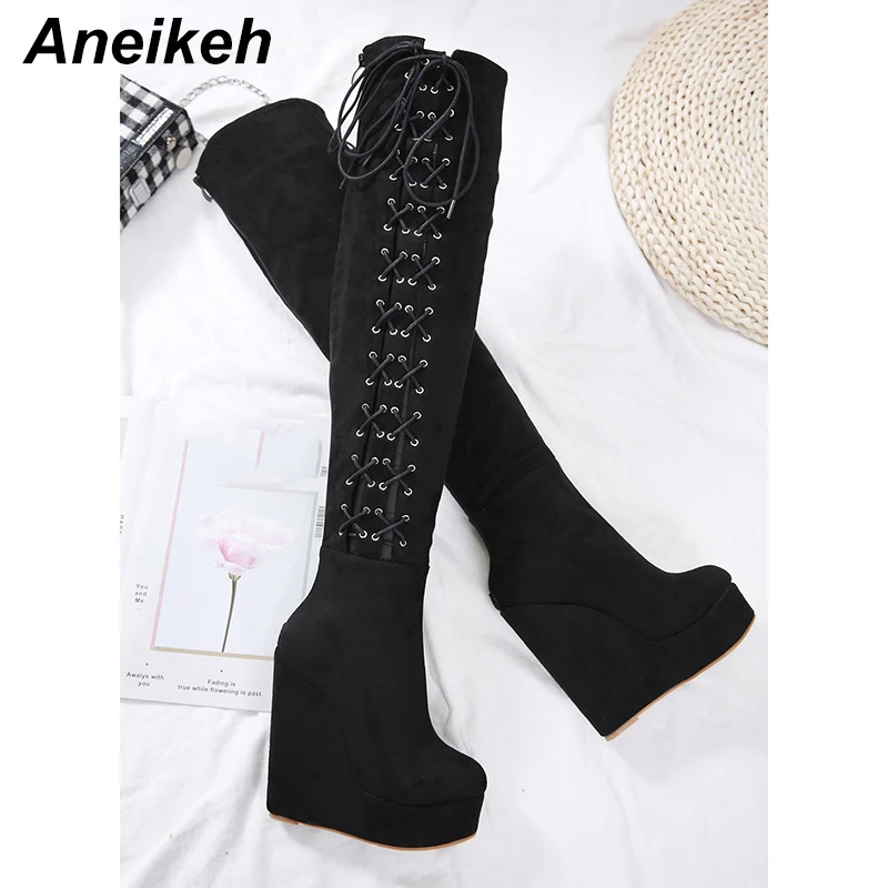 

Aneikeh Autumn cross tie Heel Sexy Wedges Women's Boots Sexy Flock Over The Knee Botas Feminina High Heels Shoes Size 35-40