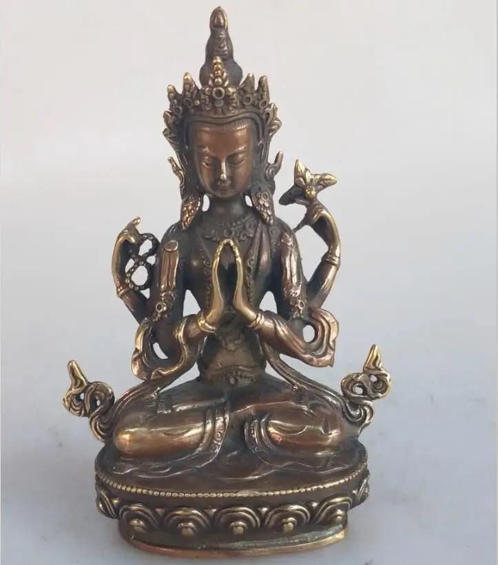 Metal Crafts Four armed Guanyin Buddha bronze statue hand carved fine