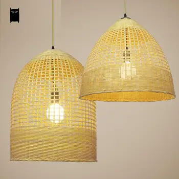 

Round Bamboo Wicker Rattan Cage Shade Pendant Light Fixture Rustic Asian Japanese Hanging Ceiling Lamp Design Dining Yoga Room